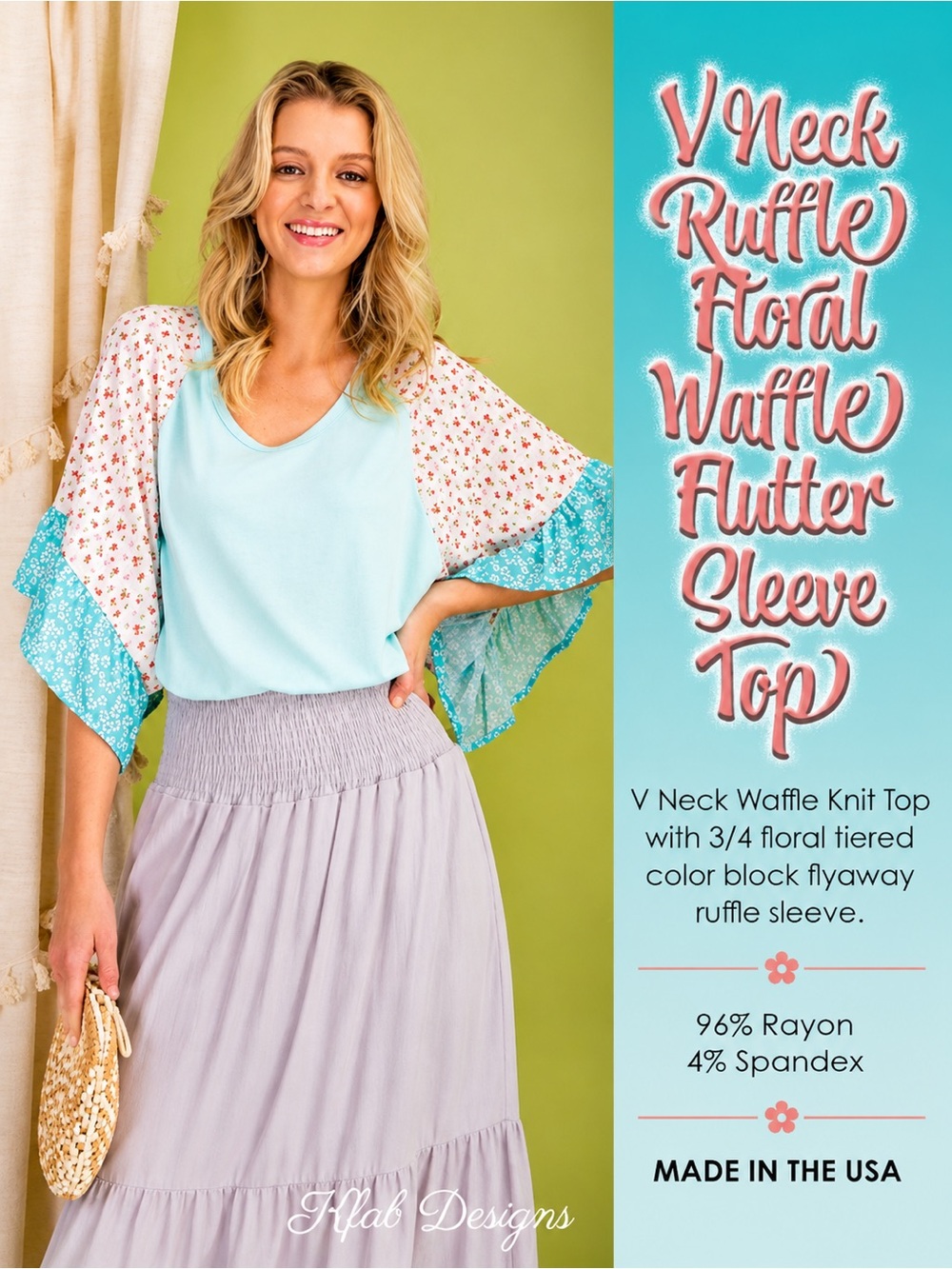 V Neck Ruffle Floral Waffle Flutter Sleeve Top NEW